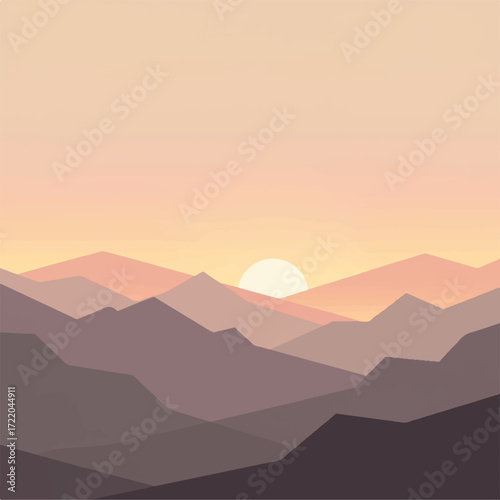 Minimalist sunset over layered mountains in warm tones