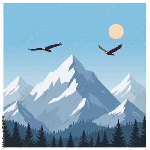Two eagles soar above snowcapped mountains with a forest below