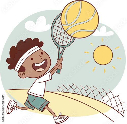 Boy playing tennis hitting yellow ball with racket