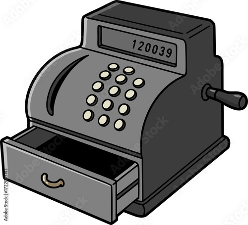 An outdated cash register with an empty drawer. A symbol of the transition from cash to digital payments and online shopping, where a physical cash register is no longer necessary.