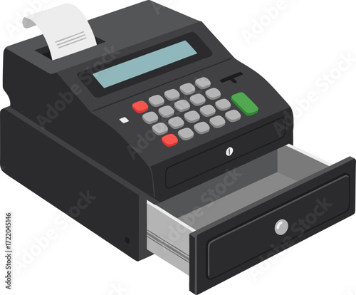 An outdated cash register with an empty drawer. A symbol of the transition from cash to digital payments and online shopping, where a physical cash register is no longer necessary.