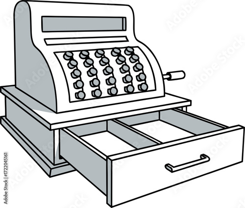 An outdated cash register with an empty drawer. A symbol of the transition from cash to digital payments and online shopping, where a physical cash register is no longer necessary.