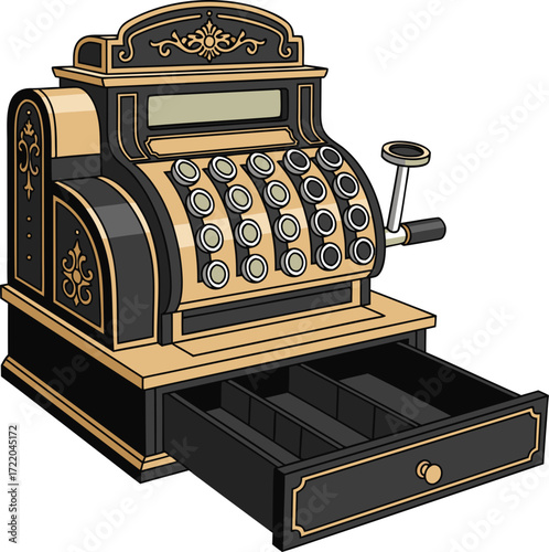 An outdated cash register with an empty drawer. A symbol of the transition from cash to digital payments and online shopping, where a physical cash register is no longer necessary.