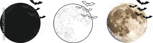 Set of moon phases with bats, perfect for halloween designs and nocturnal themed projects