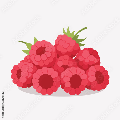 A pile of ripe red raspberries with green leaves on a light background