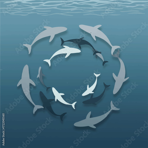 Pod of whales swimming in a circle underwater