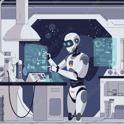 Robot in a lab interacting with holographic displays