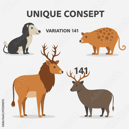 Unique animal variations and fantasy creature concepts including lions, deer, and canine-like beasts