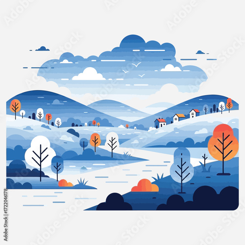 Winter Landscape Illustration with Hills, River, and Trees