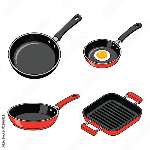Collection of four assorted cookware frying pans and grill pan for kitchen use