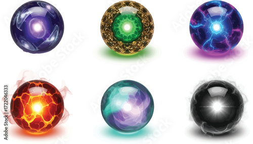 Collection of magical orbs with different elemental powers, perfect for fantasy or scifi themes