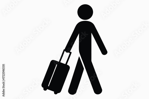 Black silhouette icon of a person walking with a rolling suitcase traveler travel