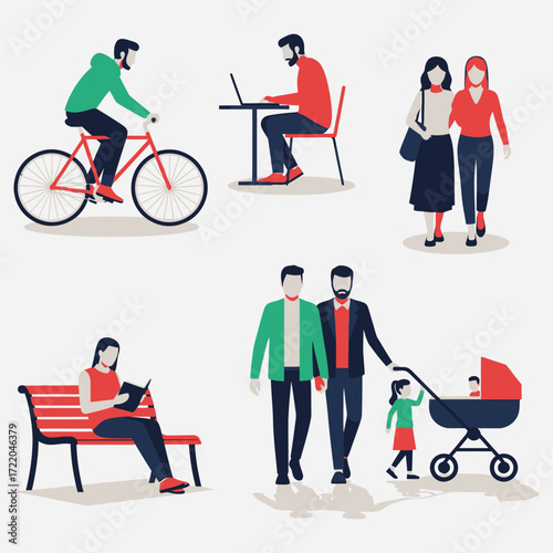 Diverse Illustrations of People Engaging in Everyday Activities, Representing Lifestyle and Community