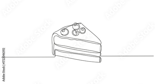 Outline drawing of slice of cake with berries in minimalist style with copy space
