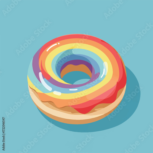 A donut with rainbow icing on a blue background