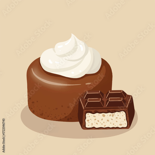 Chocolate cake with whipped cream and a broken chocolate bar