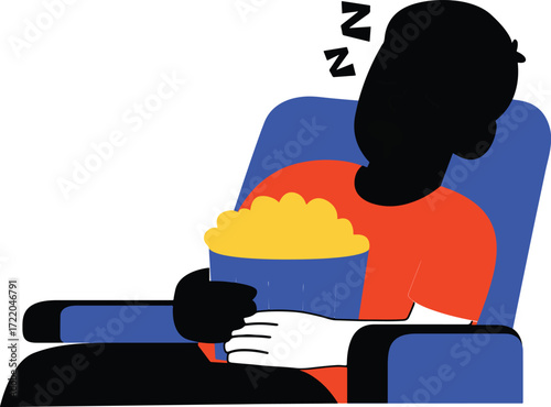 Person sleeping in a blue chair with a bucket of popcorn