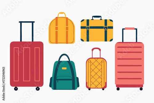 Flat Design Collection of Various Colorful Travel Suitcases and Bags luggage baggage