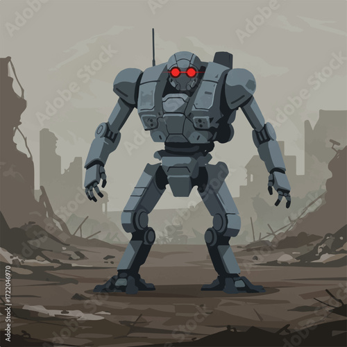 A gray mecha with red eyes stands in a ruined city