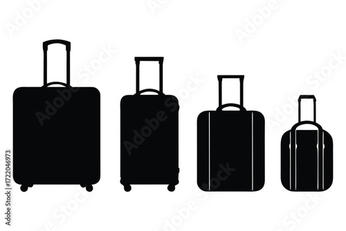 Four Black Silhouette Suitcases of Varying Sizes on White Background luggage travel