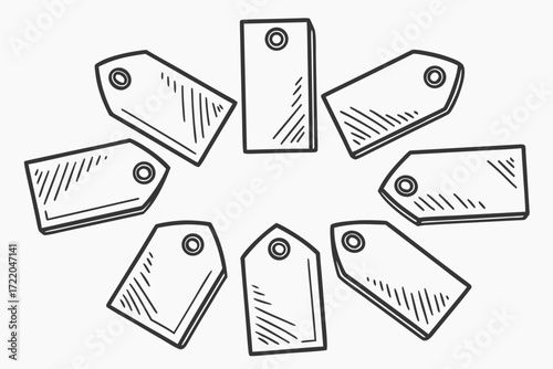 Hand-drawn sketch of eight blank price tags arranged in a circle empty