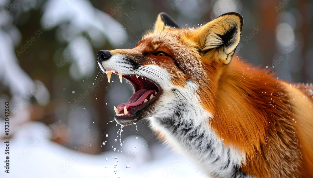 Obraz premium Wild fox howls in snowy forest while displaying sharp teeth and glistening fur