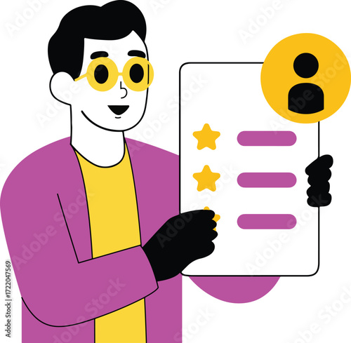 Person with glasses holding a document with stars and a profile icon