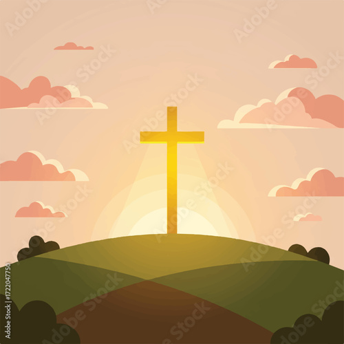 A golden cross atop a hill with a sunset and clouds