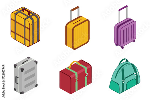 Six Isometric Colorful Luggage Bags and Suitcases on White Background travel baggage