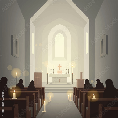 Church interior with seated figures altar and candles