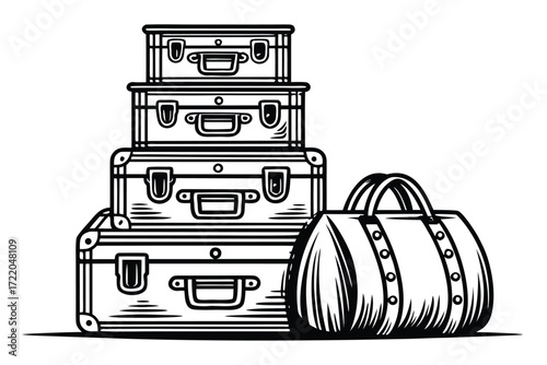 Stack of Vintage Suitcases and a Duffel Bag in Black and White luggage retro