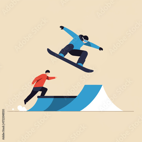 Two figures one on a snowboard midair the other running on a ramp