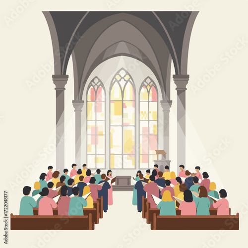People in a church with stained glass windows and pews
