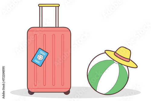 Suitcase Beach Ball and Hat on White Background travel vacation