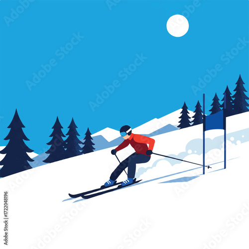 Skier racing down a snowy slope with blue flags and pine trees