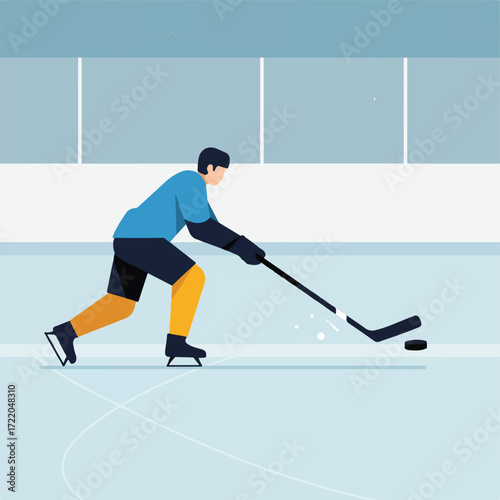 A hockey player with a blue jersey and yellow pants on ice