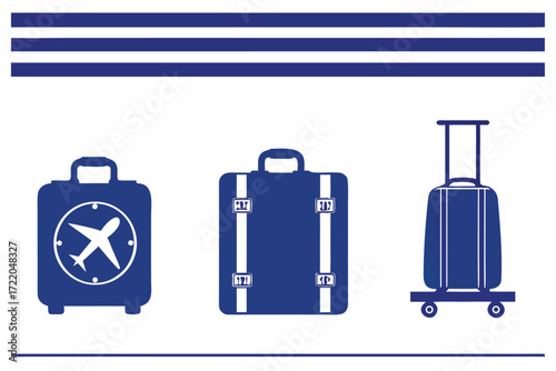 Three Blue Suitcases and Travel Icons on White Background luggage baggage