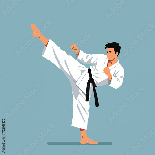A person in a white karate gi with a black belt performing a high kick