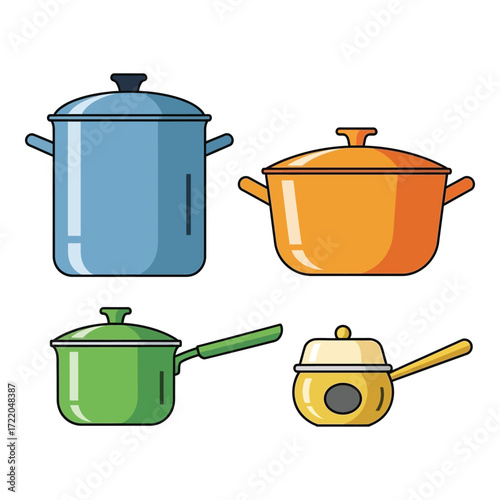 Four colorful cooking pots and pans featuring different sizes and styles for culinary needs