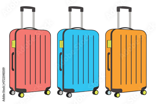 Three colorful rolling suitcases with retractable handles and wheels luggage travel