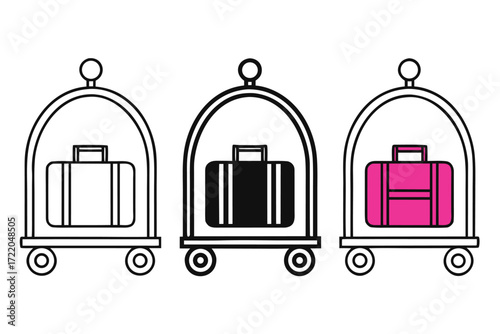 Three Luggage Carts with Suitcases in Outline and Solid Fill baggage cart hotel