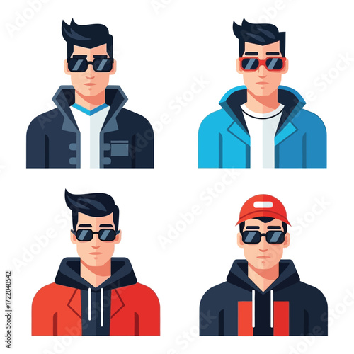 Modern trendy young men portraits with sunglasses and stylish outfits collection