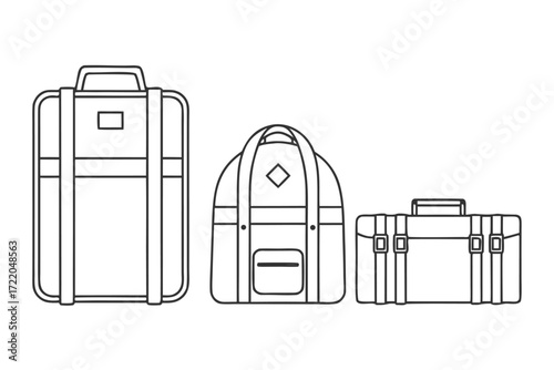 Three Outline Suitcases and Duffel Bag in Different Sizes Keywords: suitcase, luggage, travel, bag, duffel