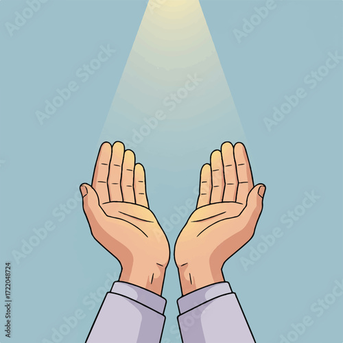 Two open hands reaching up into a beam of light against a blue background