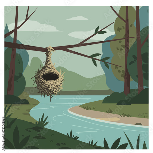 A birds nest hangs from a tree branch over a flowing river