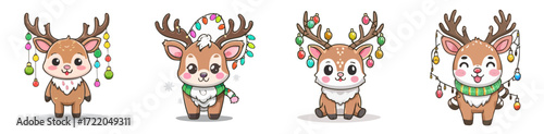 Cute Christmas Reindeer Vector Set — Adorable Holiday Reindeer with Antlers Decorated in Festive String Lights