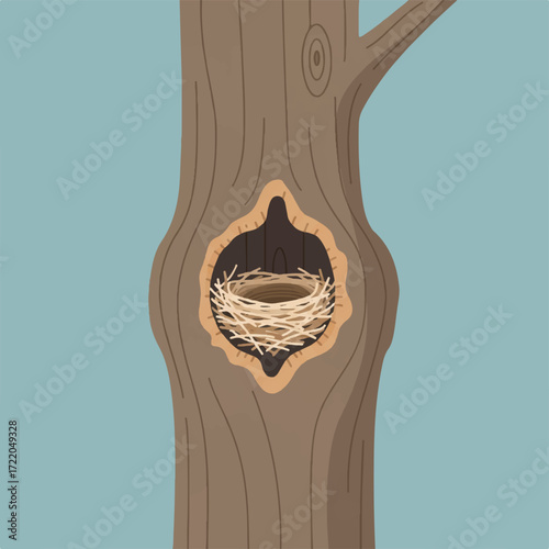 Birds nest in a hollow tree trunk