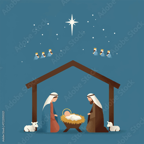 Nativity scene with Mary Joseph baby Jesus and the three wise men