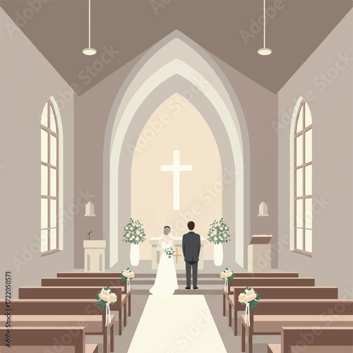 A bride and groom stand at the altar in a church during a wedding ceremony