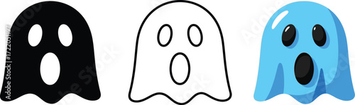 Three ghost illustrations in black, outline, and color halloween, spooky, and scary concept vector illustration of a ghost